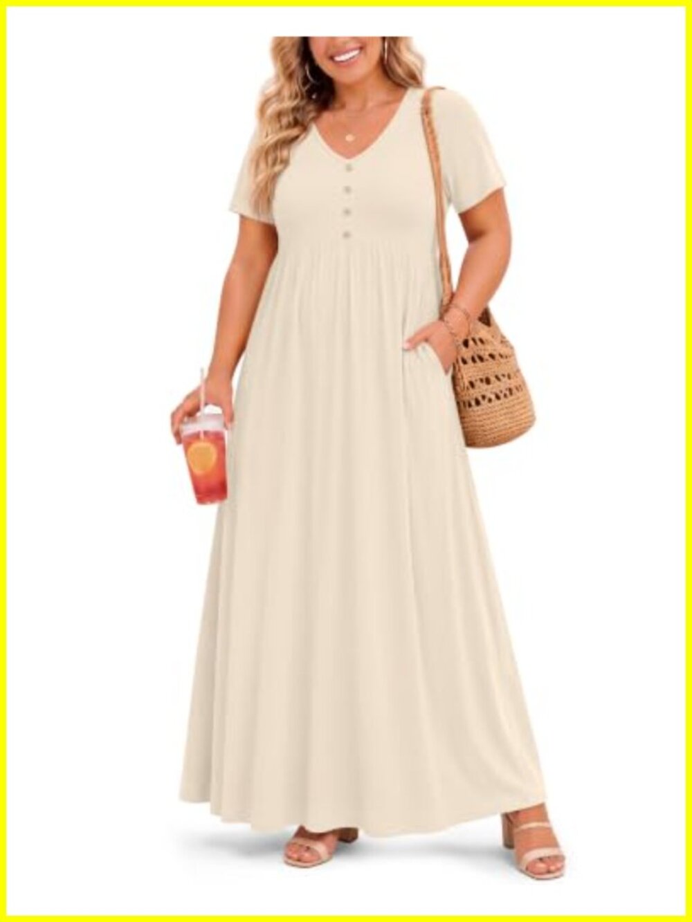 Plus Size V-Neck Flowy Maxi Dress With Pockets & Buttons
